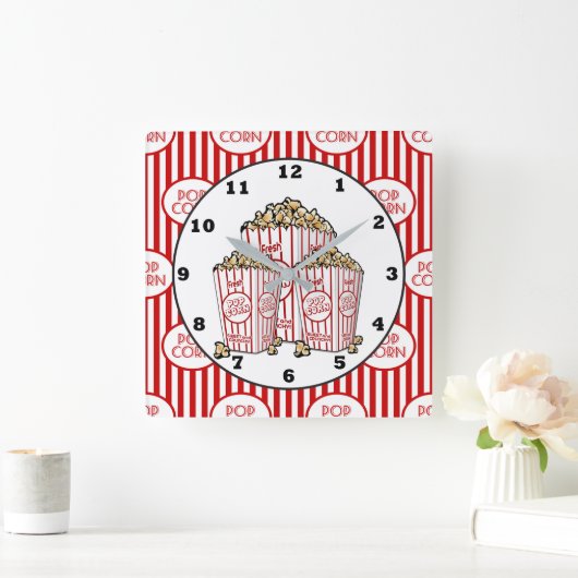 かわいい映画館の部屋ポップコーン時計 スクエア壁時計 (ホーム)