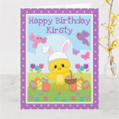 かわいい春のイースターのひよこ & チョコレートの卵の誕生日 カード (黄色い花)