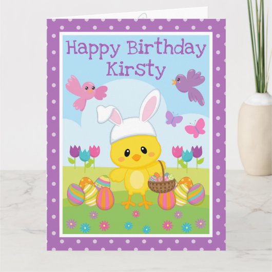 かわいい春のイースターのひよこ & チョコレートの卵の誕生日 カード (正面)