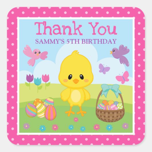 かわいい春のイースターのひよこ & チョコレートの卵の誕生日 スクエアシール (正面)