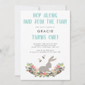 かわいい春のウサギの1歳誕生日パーティー 招待状 (正面)