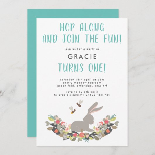 かわいい春のウサギの1歳誕生日パーティー 招待状 (正面/裏面)