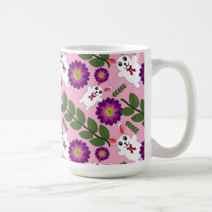 かわいい春のウサギ: 鮮やかな紫の花 コーヒーマグカップ
