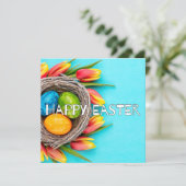 かわいい春のハッピーイースター花と卵のコラージュ カード (スタンド正面)