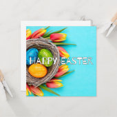 かわいい春のハッピーイースター花と卵のコラージュ カード (正面/裏面インサイチュ)