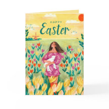 かわいい春の女性チューリップフィールドイースター