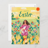 かわいい春の女性チューリップフィールドイースター シーズンポストカード (正面/裏面)