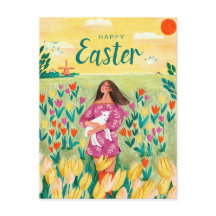 かわいい春の女性チューリップフィールドイースター