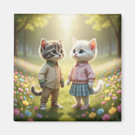 かわいい春の猫マグネット | トム＆ルナの花の草原 マグネット