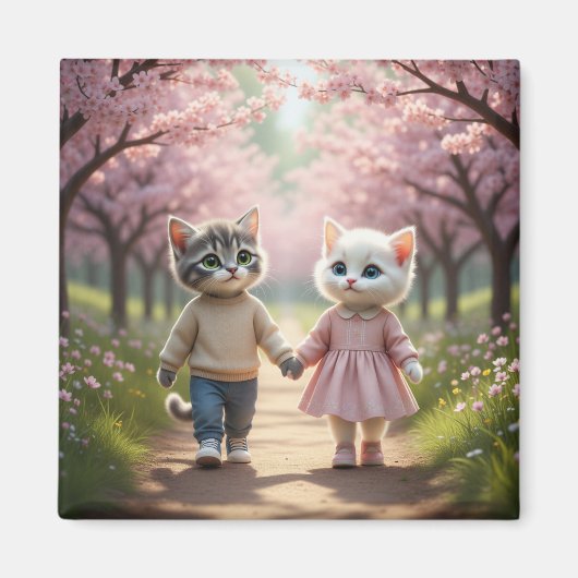 かわいい春の猫マグネット | トム＆ルナ 桜 マグネット (正面)