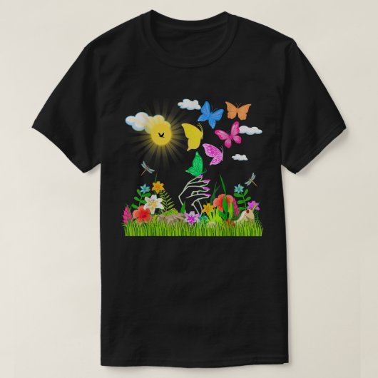 かわいい春の蝶の花自然ガーデニング Tシャツ (デザイン正面)