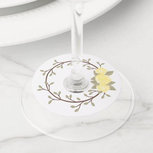 かわいい春イエローフローラリースパーティー ワイングラスタグ (クローズアップ)