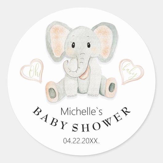 かわいい春ゾウ水彩イラストレーション ラウンドシール (正面)