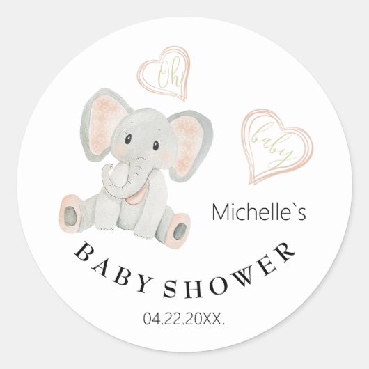 かわいい春ゾウ水彩イラストレーション ラウンドシール (正面)