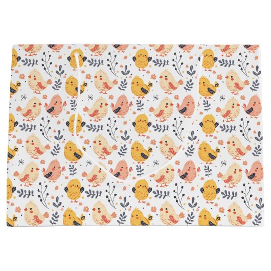 かわいい春チックスとフローラルパターン ラージペーパーバッグ (正面)