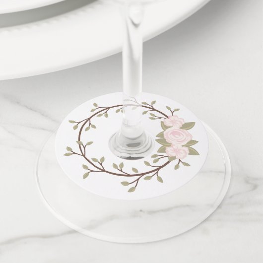 かわいい春ピンクフローラリースパーティー ワイングラスタグ (クローズアップ)