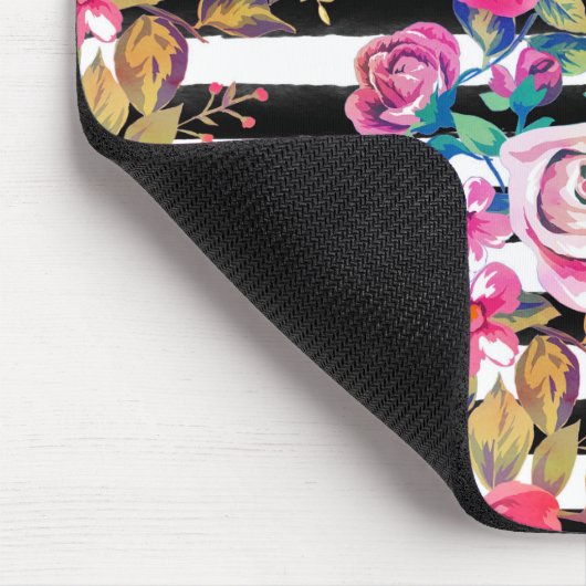 かわいい春フローラとストライプの水彩模様 マウスパッド (コーナー)