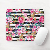 かわいい春フローラとストライプの水彩模様 マウスパッド (マウス)