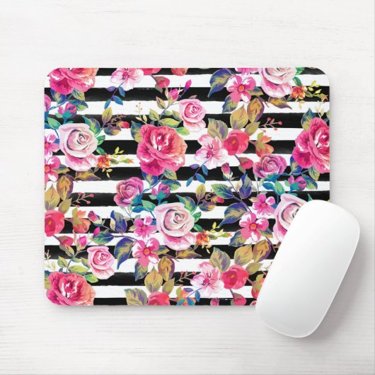 かわいい春フローラとストライプの水彩模様 マウスパッド (マウス)