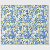 かわいい春ブルーと黄色の花のパターン ラッピングペーパー (フラット)