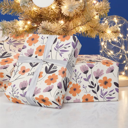 かわいい春紫とオレンジ色の花柄 ラッピングペーパー (クリスマス)