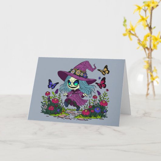 かわいい春魔女 カード (黄色い花)