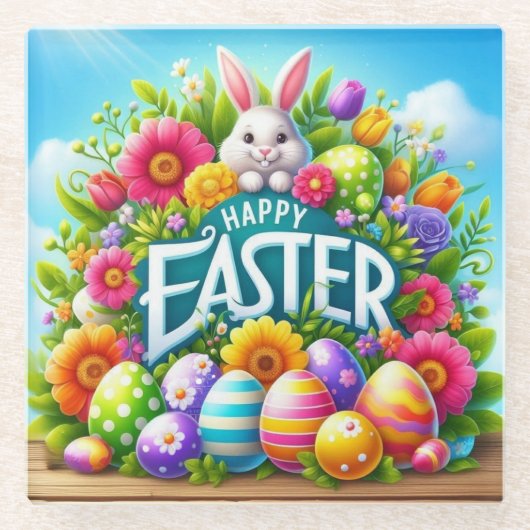 かわいい春/イースターバニーと卵 ガラスコースター (正面)