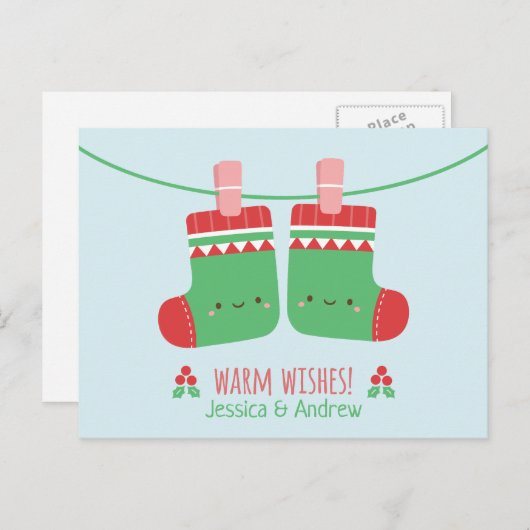 かわいい暖かい願いクリスマスストッキングカップル ポストカード (正面/裏面)