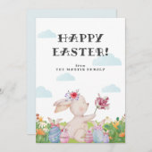 かわいい曇りライトブルーイースターバニーホリデーカード 招待状 (正面/裏面)