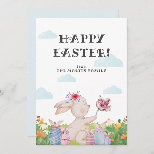 かわいい曇りライトブルーイースターバニーホリデーカード 招待状 (正面/裏面)