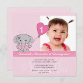 かわいい最初に象の写真の第1誕生会 招待状 (正面/裏面)
