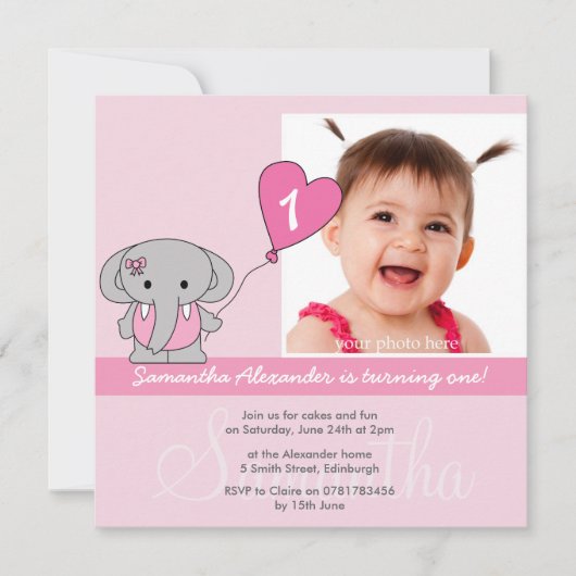 かわいい最初に象の写真の第1誕生会 招待状 (正面)