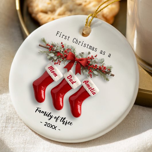 かわいい最初のクリスマス家族3人の靴下 セラミックオーナメント