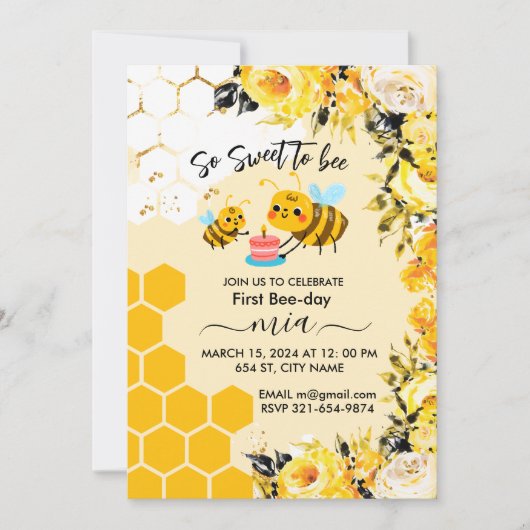 かわいい最初の誕生日のフローラ 招待状 (正面)