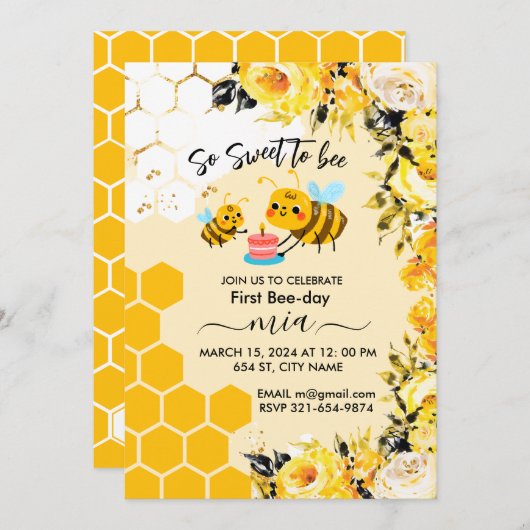 かわいい最初の誕生日のフローラ 招待状 (正面/裏面)