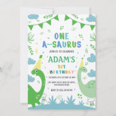 かわいい最初の誕生日グリーン恐竜 招待状 (正面)