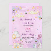 かわいい最初の誕生日ハニースウィートビーパープル 招待状 (正面/裏面)