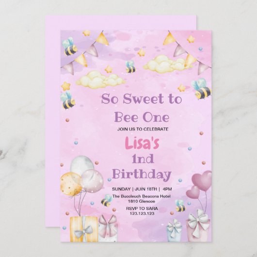 かわいい最初の誕生日ハニースウィートビーパープル 招待状 (正面/裏面)