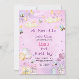 かわいい最初の誕生日ハニースウィートビーパープル 招待状