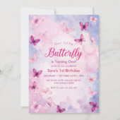 かわいい最初の誕生日ピンクの蝶パーティー 招待状 (正面)