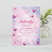 かわいい最初の誕生日ピンクの蝶パーティー 招待状 (スタンド正面)