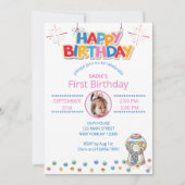 かわいい最初の誕生日フォトグミカラフルボール 招待状 (正面)