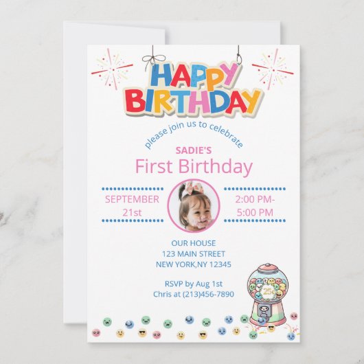 かわいい最初の誕生日フォトグミカラフルボール 招待状 (正面)