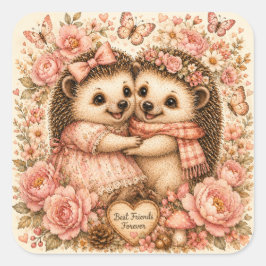 かわいい最高の友達ハリネズミの花の水彩画 スクエアシール