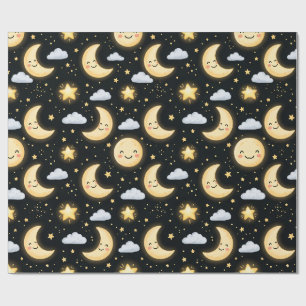 かわいい月と星の夜パターン ラッピングペーパー