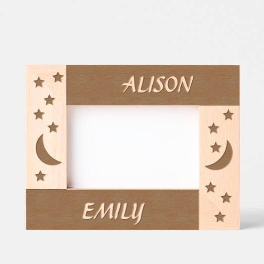 かわいい月と星2名前をカスタムする レーザー彫刻フレーム (正面)