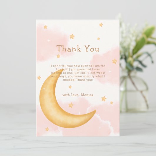 かわいい月の星輝く女の子の赤ちゃんシャワー サンキューカード (スタンド正面)