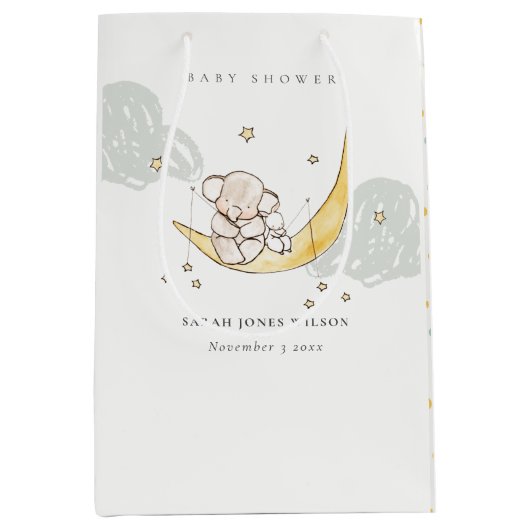 かわいい月スターズエレファントバニーニュートラルベビーシャワー ミディアムペーパーバッグ (正面)