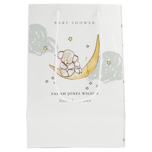 かわいい月スターズエレファントバニーニュートラルベビーシャワー ミディアムペーパーバッグ (裏面)