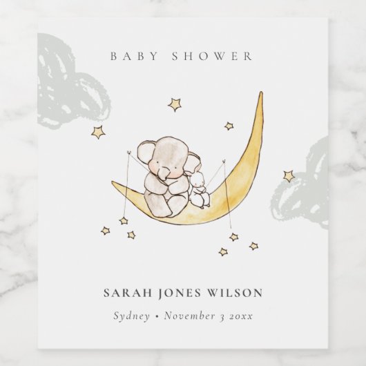 かわいい月スターズエレファントバニーニュートラルベビーシャワー ワインラベル (シングルラベル)